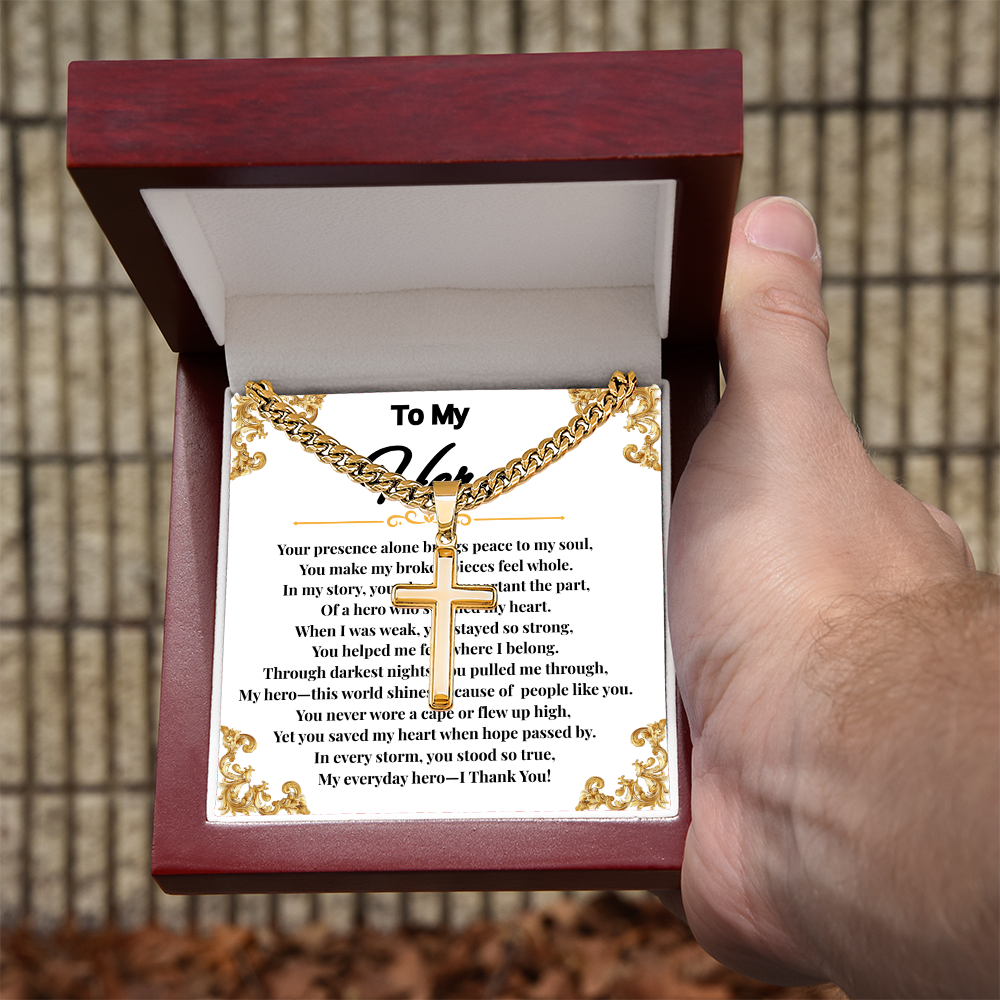 To My Hero - Cuban Link Chain With Artisan Cross (With Heart Warming Message Card)