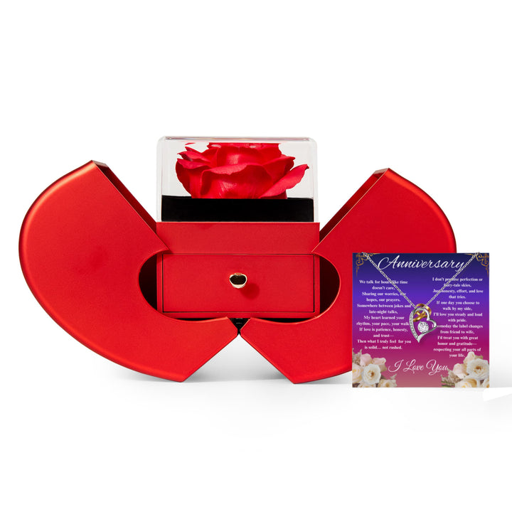 Happy Anniversary- Forever Love Necklace With Red Heart Rose Box