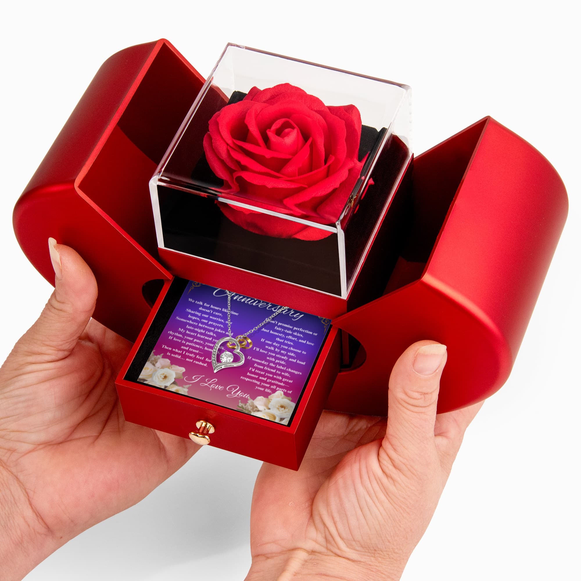Happy Anniversary- Forever Love Necklace With Red Heart Rose Box