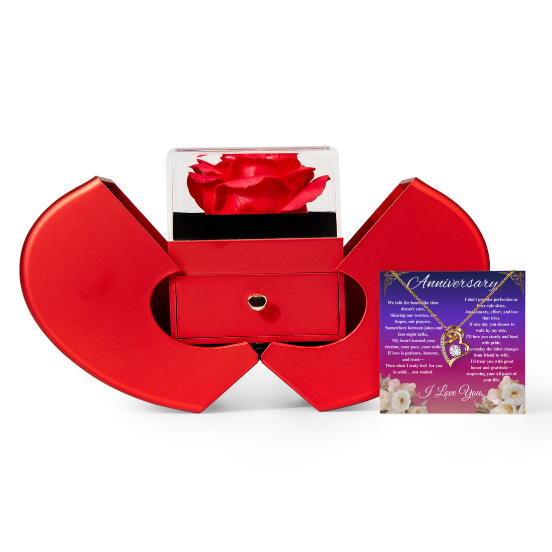 Happy Anniversary- Forever Love Necklace With Red Heart Rose Box