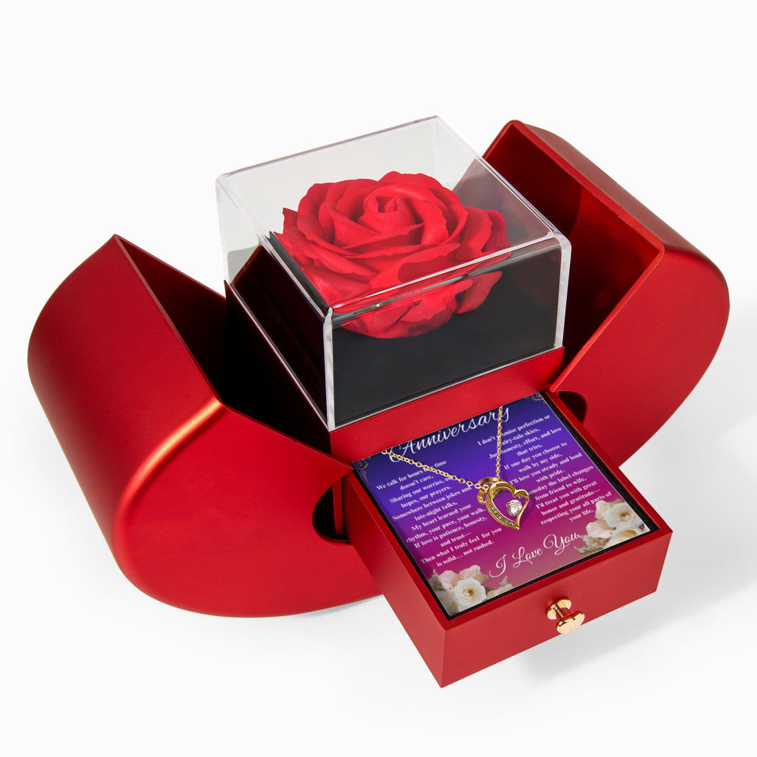 Happy Anniversary- Forever Love Necklace With Red Heart Rose Box