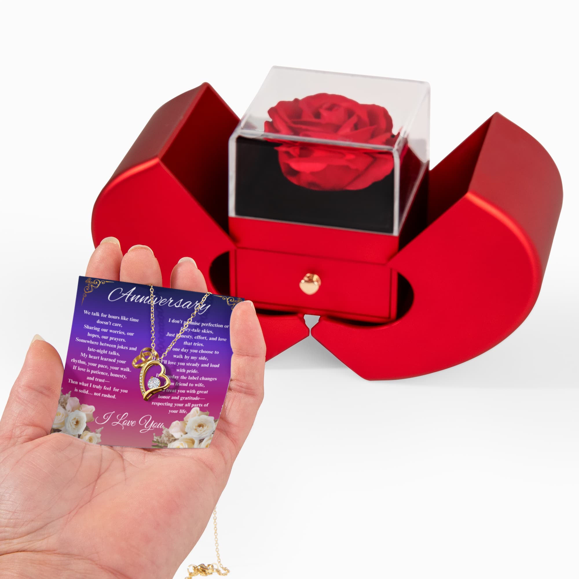 Happy Anniversary- Forever Love Necklace With Red Heart Rose Box